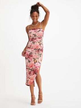 NWT Express Floral Print Ruched Mesh Midi Dress